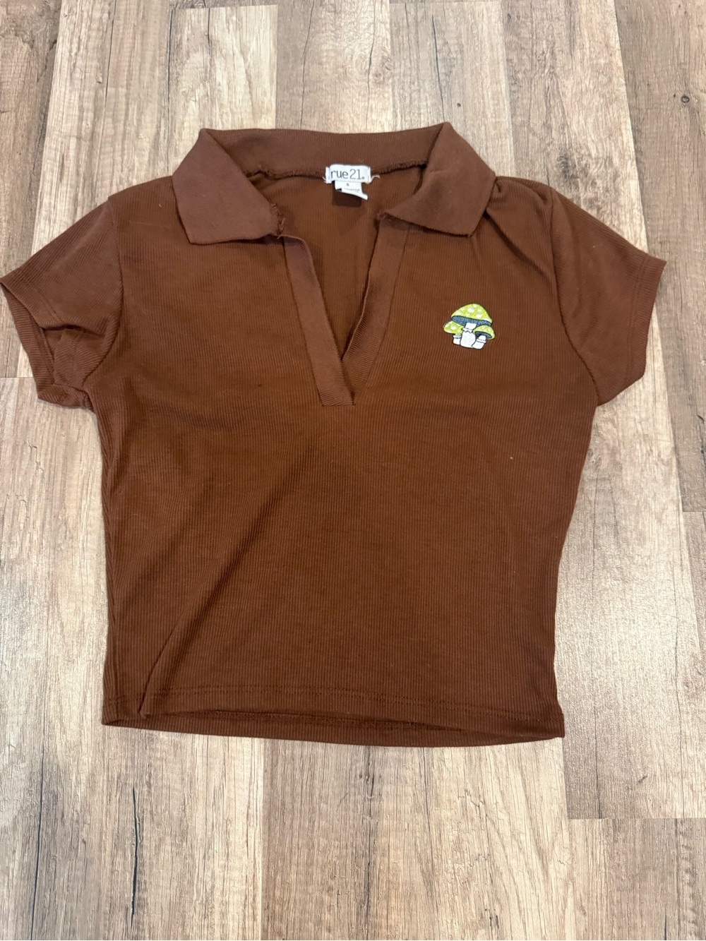 Y2K Rue21 Brown Polo Crop Top with Mushroom Patch